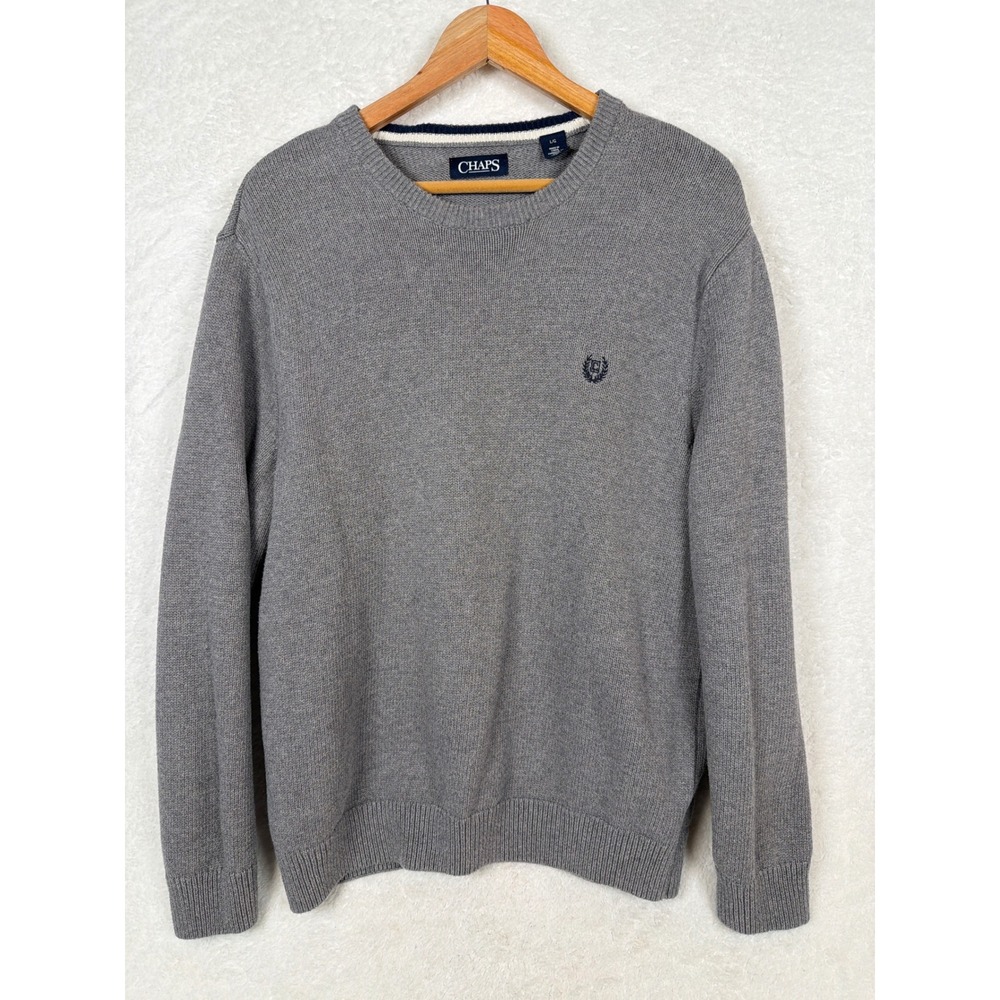 Chaps Sweater Mens Large Gray Crewneck Cotton Long Sleeve Crest Logo A-981